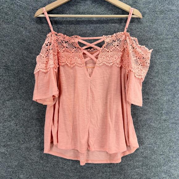 Self Esteem Blouse Women 2X Plus Pink Cold Shoulder Short Sleeve Spaghetti Strap - Picture 2 of 7